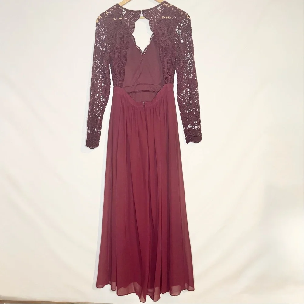 Lulu's Awaken My Love Burgundy Backless Long Sleeve Lace Gown Dress Size Small - Picture 9 of 10
